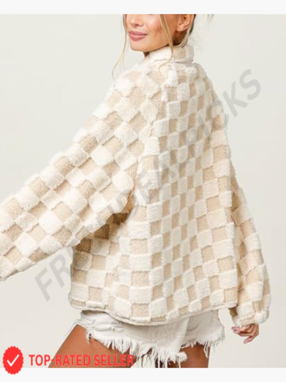 Classic Checkered Fleece Jacket Oversized Warm Sherpa Faux Fur Shacket - Picture 2 of 6